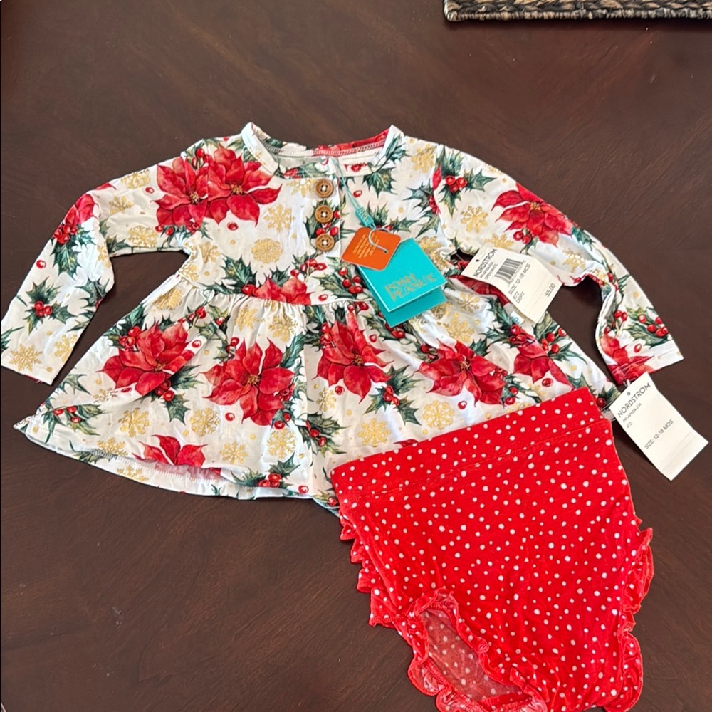 Posh Peanut Holiday Baby Dress with Red Polka Dot Bloomers size 12-18m NWT